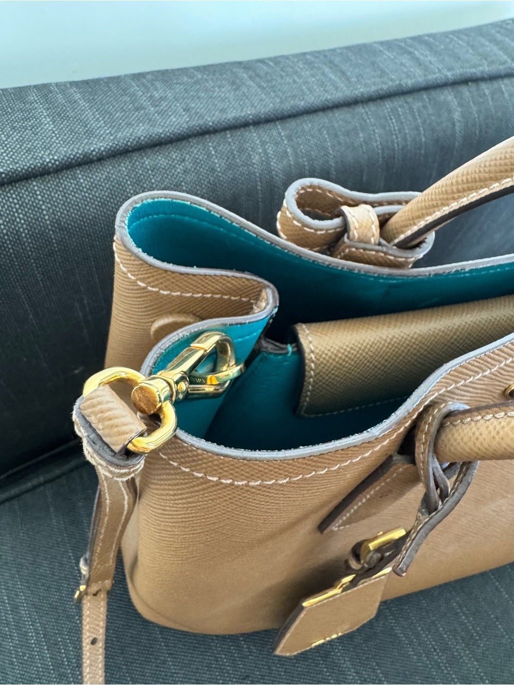 Prada Brown Double Saffiano Tote with Turquoise Interior Rare - Picture 5 of 13